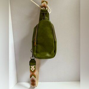 Olive Green Faux Leather Sling Bag with Boho Strap